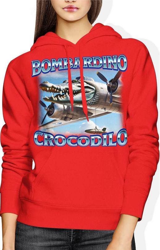 Bluza damska z kapturem Bombardino Crocodilo Brainrot Tik Tok Memy Bombardiro Crokodilo Bombardinio czerwona