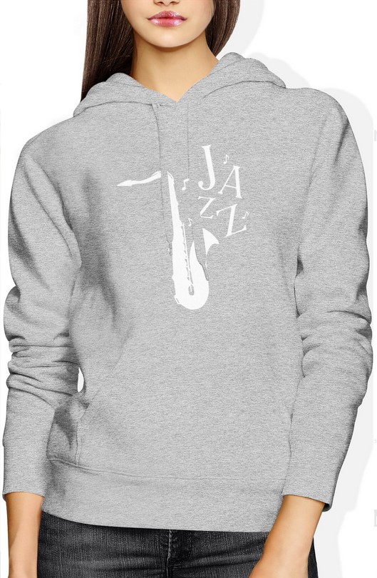 Bluza damska z kapturem Saksofon Muzyczna Jazz szara