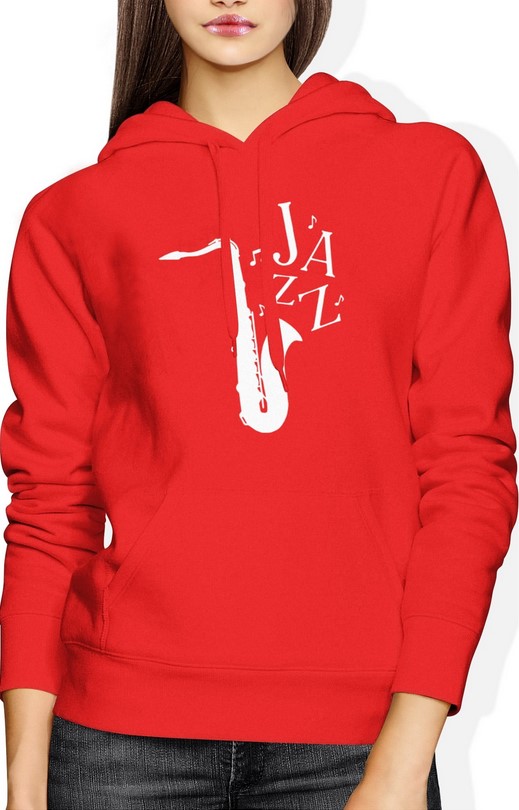 Bluza damska z kapturem Saksofon Muzyczna Jazz czerwona