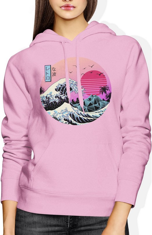 Bluza damska z kapturem Wielka Fala W Kanagawie Vintage Hokusai Japońska różowa