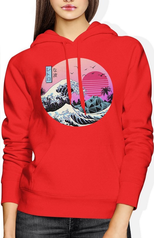 Bluza damska z kapturem Wielka Fala W Kanagawie Vintage Hokusai Japońska czerwona