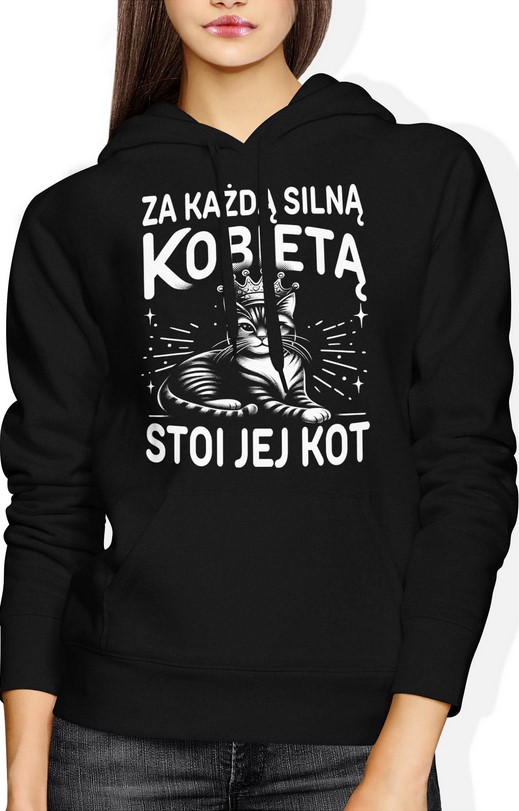 Bluza damska z kapturem Za każdą silną kobietą stoi jej kot