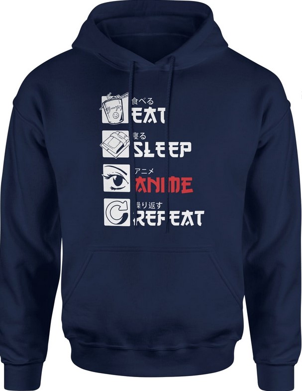 Bluza męska z kapturem Anime Eat Sleep Repeat granatowa