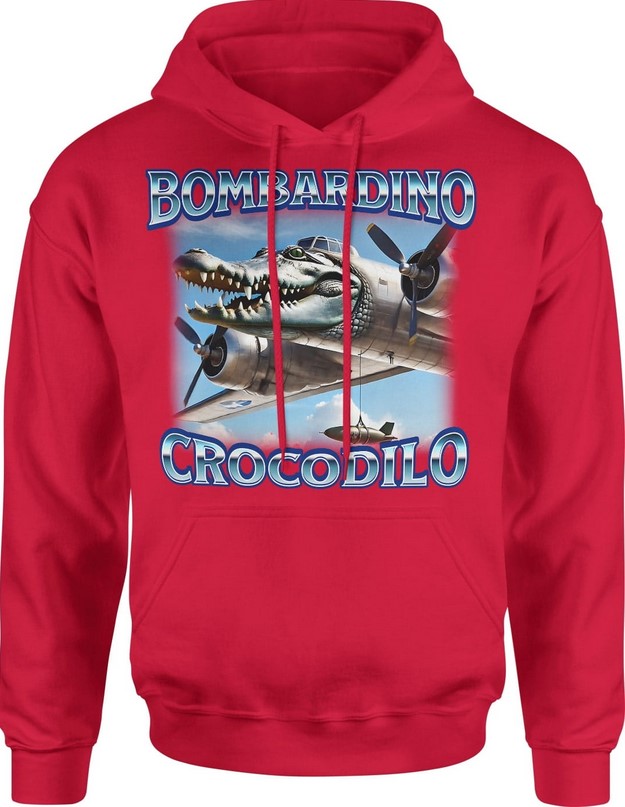 Bluza męska z kapturem Bombardino Crocodilo Brainrot Tik Tok Memy Bombardiro Crokodilo Bombardinio czerwona
