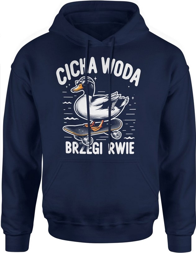 Bluza męska z kapturem Cicha woda brzegi rwie kaczka na deskorolce granatowa