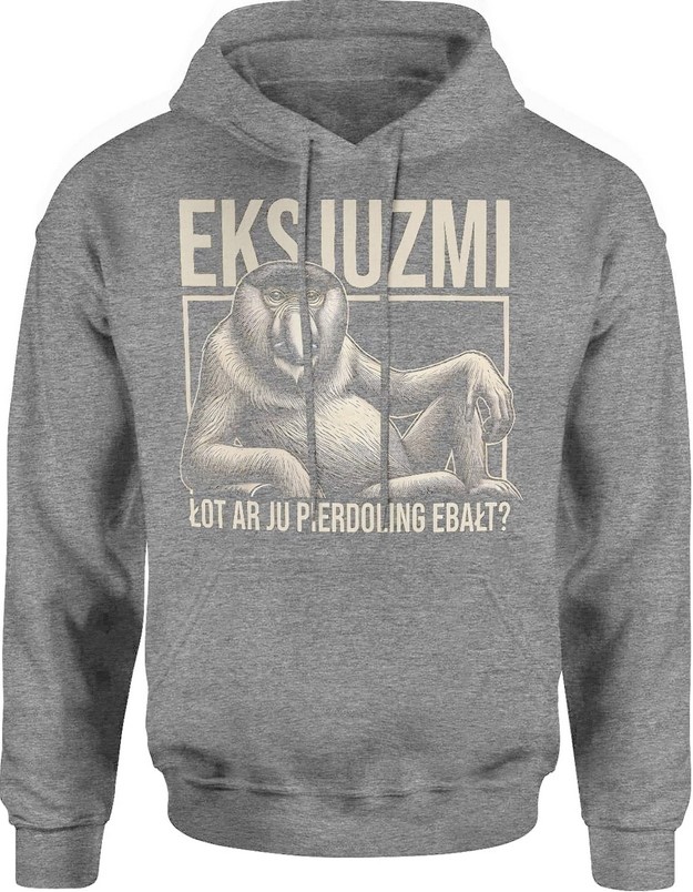 Bluza męska z kapturem Ekskjuzmi what are you pierdoling ebałt Nosacz Typowy Janusz szara