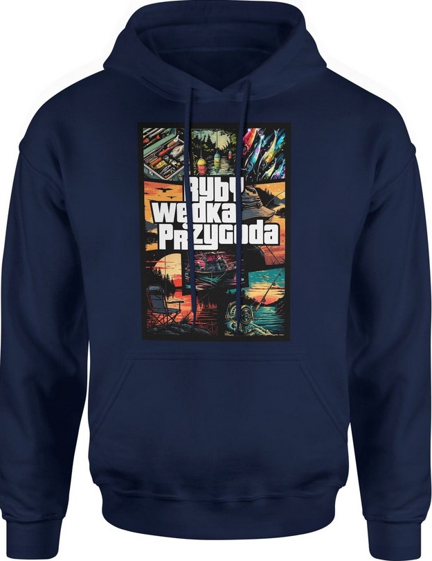 Bluza męska z kapturem Ryby Wędka Przygoda Wędkarska dla Wędkarza granatowa