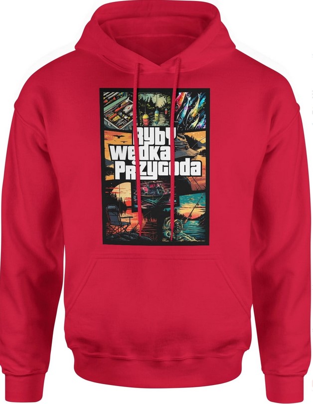 Bluza męska z kapturem Ryby Wędka Przygoda Wędkarska dla Wędkarza czerwona