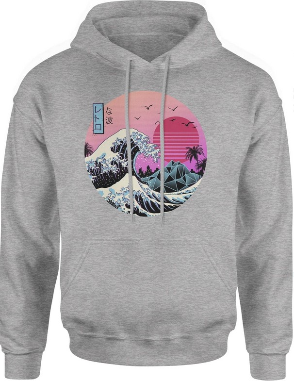 Bluza męska z kapturem Wielka Fala W Kanagawie Vintage Hokusai Japońska szara