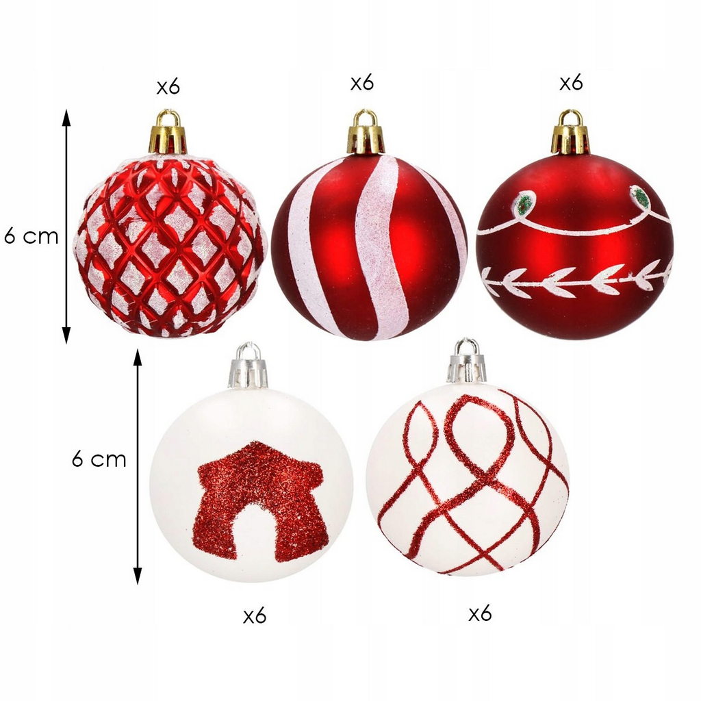 Bombki choinkowe zestaw 30 szt 6cm BIAŁO-CZERWONE