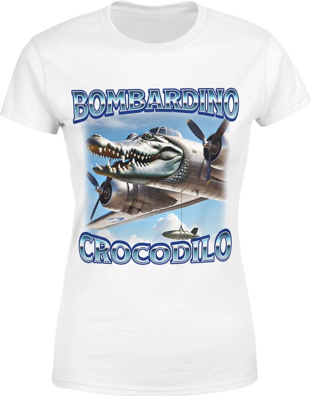 Koszulka damska Bombardino Crocodilo Brainrot Tik Tok Memy Bombardiro Crokodilo Bombardinio biała