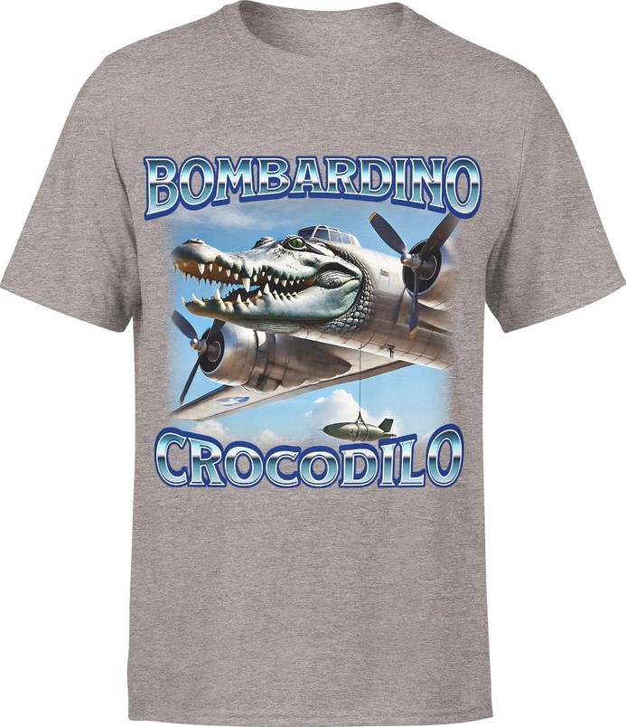 Koszulka męska Bombardino Crocodilo Brainrot Tik Tok Memy Bombardiro Crokodilo Bombardinio szara
