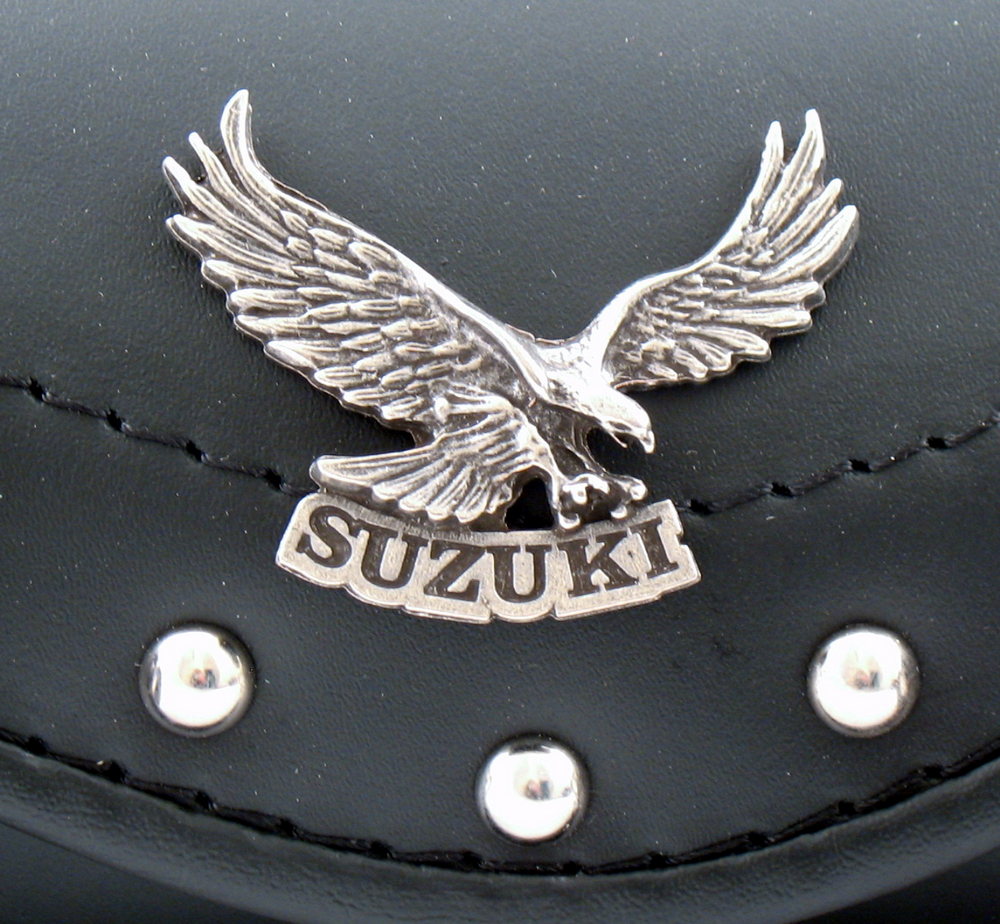Skórzany piórnik motocyklowy z napisem Suzuki z dużym orłem